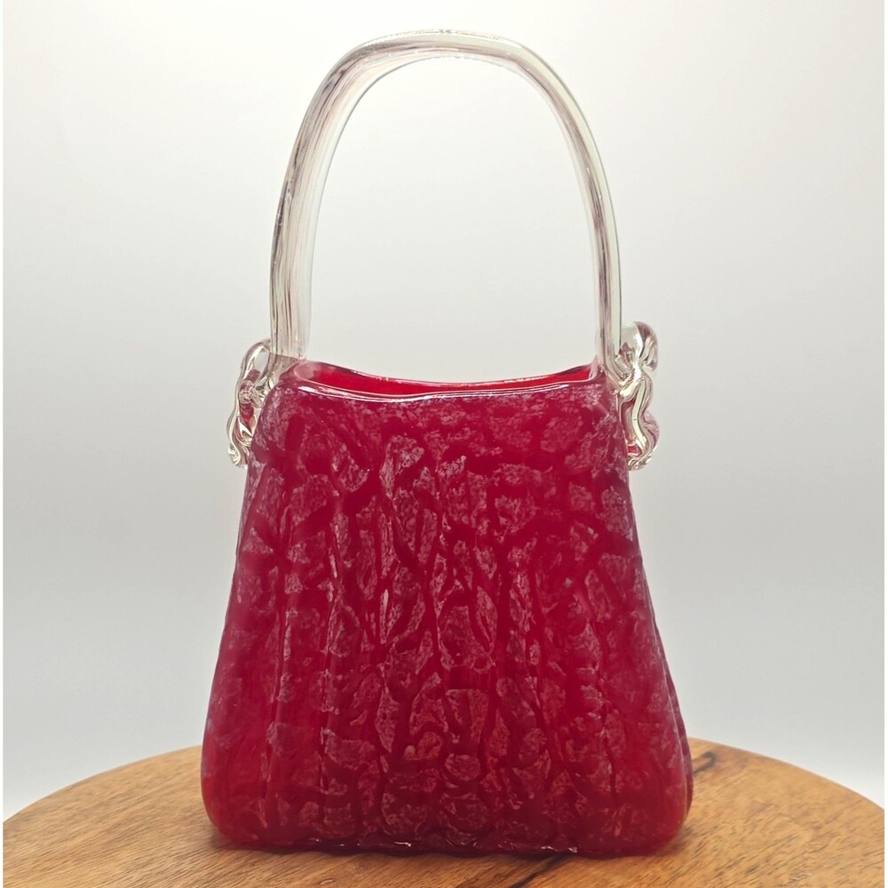 Vintage Murano Style Red Art Glass Purse Vase Clear Applied Handle Crackle